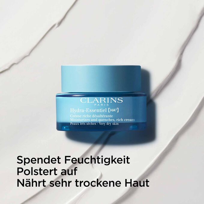 Bild von Clarins Hydra-Essentiel Crème Riche mit Hyaluronsäure für sehr trockene Haut, die nährt und für pralle Haut sorgt.