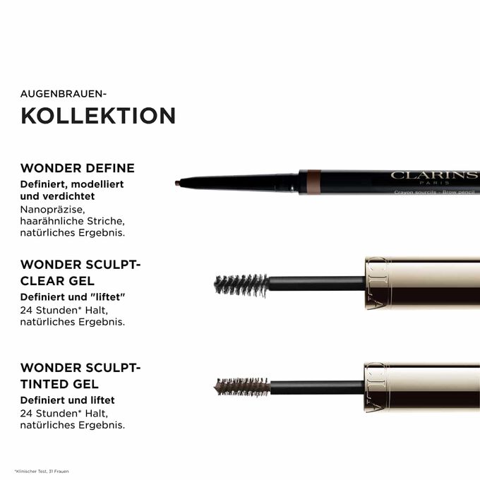 Clarins Augenbrauenpflege-Routine mit den Must-have-Produkten: Wonder Define, Sculpt-Clear Gel und Sculpt-Tinted Gel f&uuml;r einen nat&uuml;rlichen Lifting-Effekt und 24 Stunden Halt.