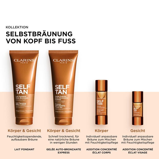 Packshot der Clarins Selbstbr&auml;unungs-Produktreihe mit Produkten f&uuml;r Gesicht und K&ouml;rper, die f&uuml;r einen strahlenden, goldenen, sonnengek&uuml;ssten Glow sorgen.