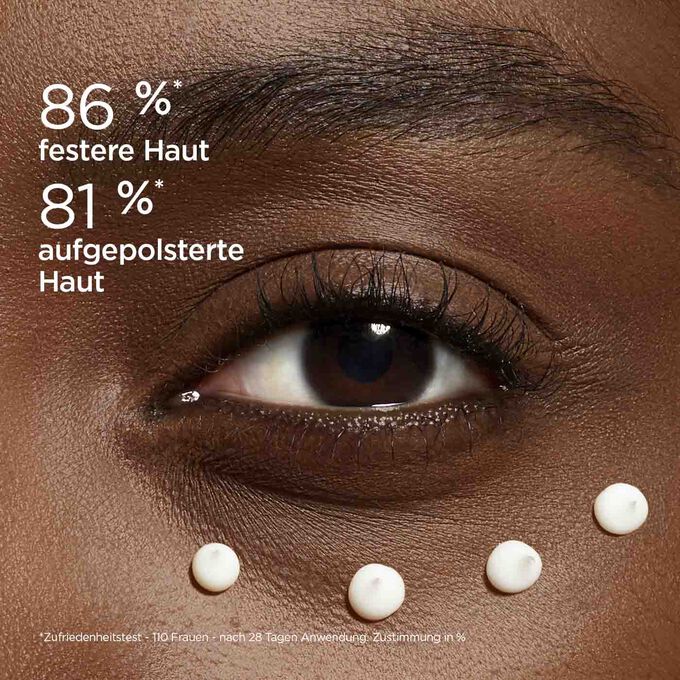 Frauenauge mit Texturklecksen und Info, dass 86% der Testerinnen straffere Haut und 81% aufgepolsterte Haut feststellen