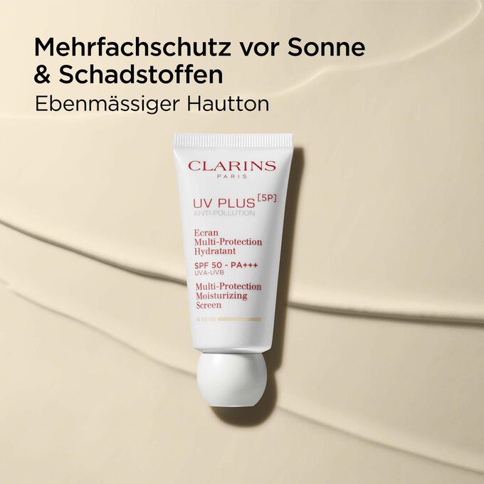 Packshot von Clarins UV Plus Anti-Pollution Beige, das für einen ebenmässigen Hautton mit Sonnen- und Schadstoffschutz sorgt.