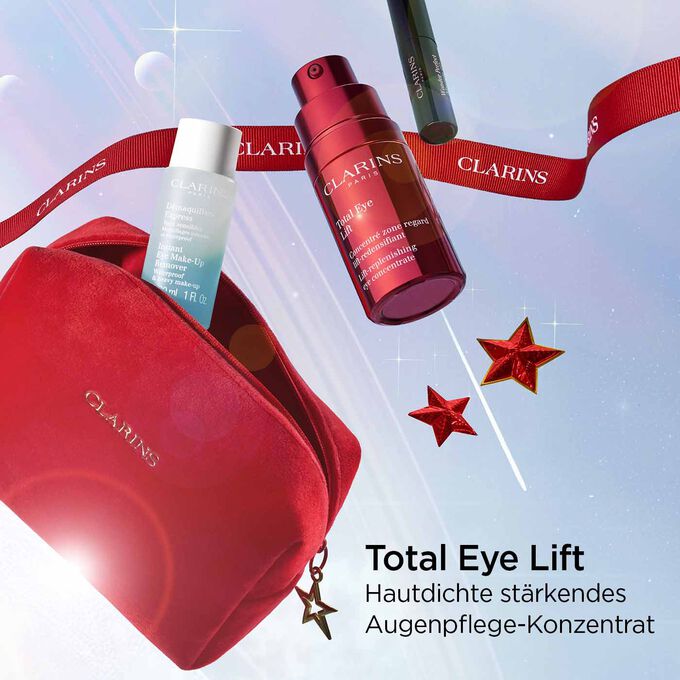 3 Produkte des Clarins Total Eye Lift-Geschenksets, mit Schwerpunkt auf Total Eye Lift, einem straffenden Augenkonzentrat.
