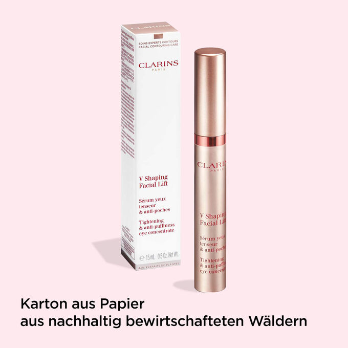 Clarins V Shaping Facial Lift Augencreme und ihre Verpackung, um den recyclingfähigen Ursprung der Verpackung zu veranschaulichen.