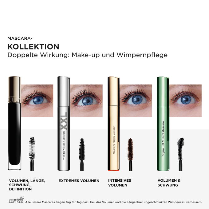 Die Mascara-Kollektion von Clarins bietet Volumen, L&auml;nge, Schwung und Definition mit einem Lash Boosting Complex f&uuml;r Pflege und aussergew&ouml;hnliche Performance.