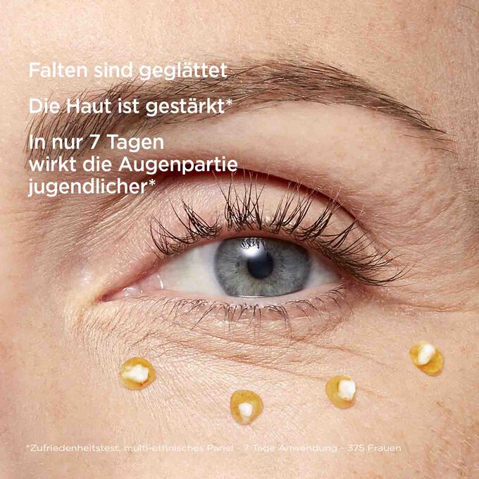Fokus auf das Auge einer Frau mit Info zum Zufriedenheitstest, dass in nur 7 Tagen die Augenpartie jugendlicher wirkt
