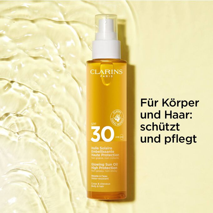 Packshot eines Sprays Sonnenöl für Körper und Haar SPF 30+ vor einem strukturierten Hintergrund mit Informationen über seine schützende und pflegende Wirkung