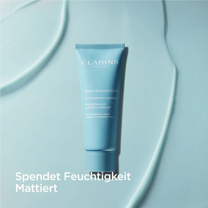 Bild zeigt Clarins Hydra-Essentiell Gel Matifiant, ein Gesichtsgel für den Tag, das mit Hyaluronsäure angereichert ist, Feuchtigkeit spendet und mattiert.