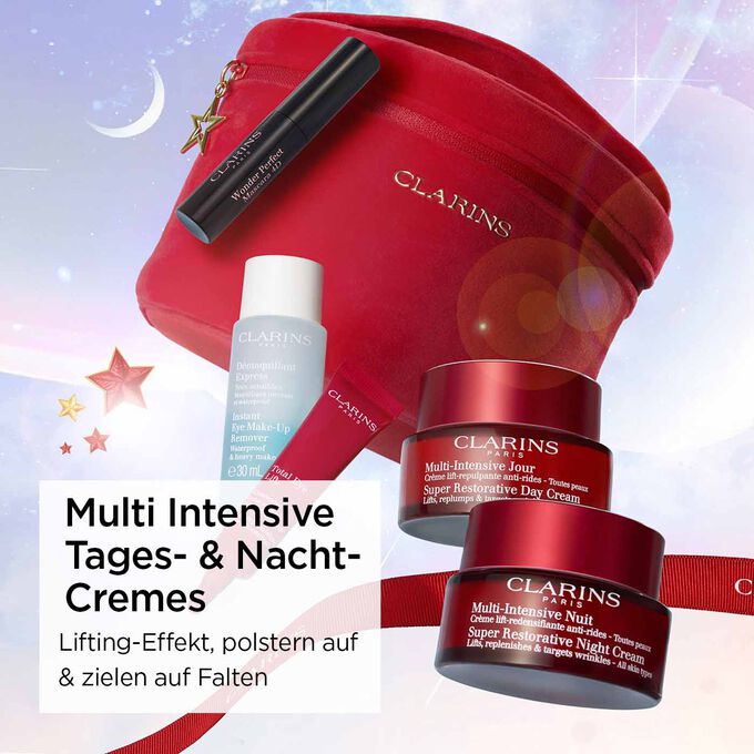 Clarins Multi-Intensive Weihnachts-Set mit Tages- und Nachtcreme, die strafft, aufpolstert und Falten bekämpft.