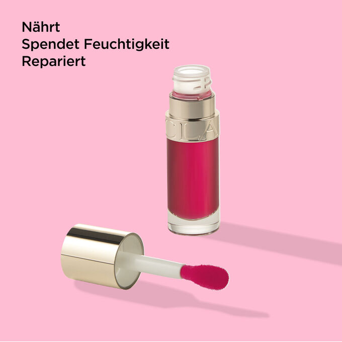 Packshot von Clarins Lip Comfort Oil 04 Pitaya mit Text, der die nährenden, feuchtigkeitsspendenden und reparierenden Eigenschaften betont.