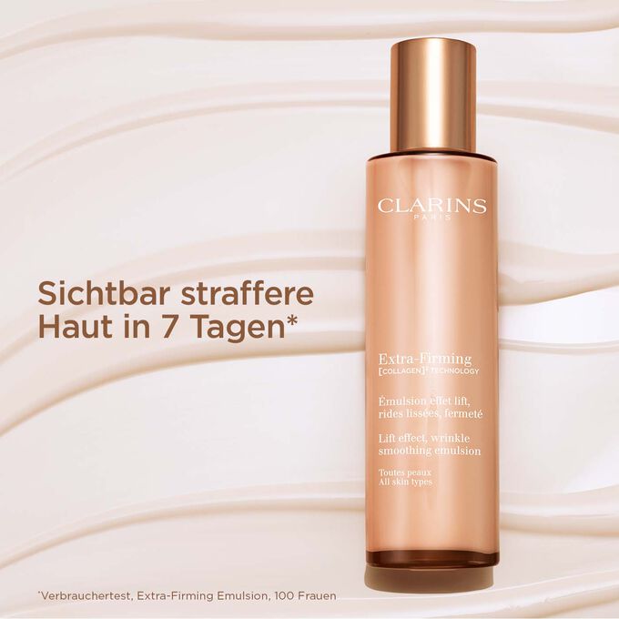 Flakon Extra-Firming Emulsion und Textinfo über Verbrauchertest mit Ergebnis: straffere Haut in 7 Tagen