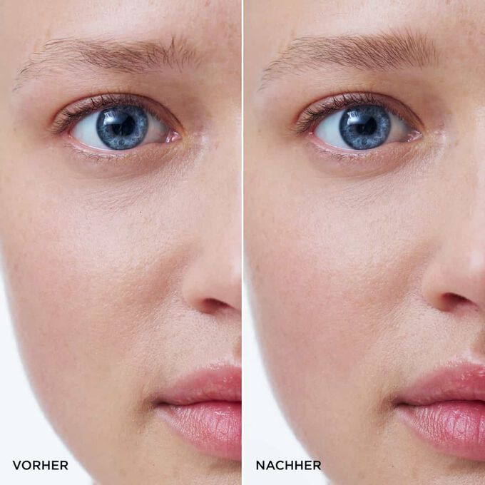 Vorher-Nachher-Vergleich der Augenbrauen einer Frau nach der Anwendung des Clarins 2-in-1 Blond Brow Pencil, mit volleren und perfekt geformten Augenbrauen.