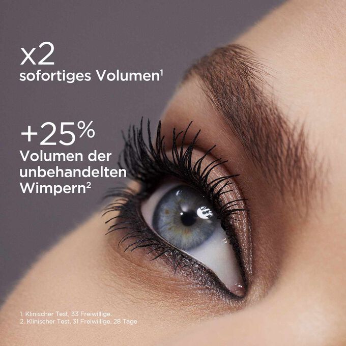 Nahaufnahme des blauen Auges einer Frau mit Volume Mascara, um den sofortigen doppelten Volumeneffekt zu zeigen