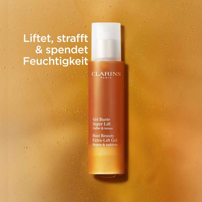 Packshot von Clarins Gel Buste Super Lift mit Text, der die straffende und feuchtigkeitsspendende Wirkung des Produkts betont.