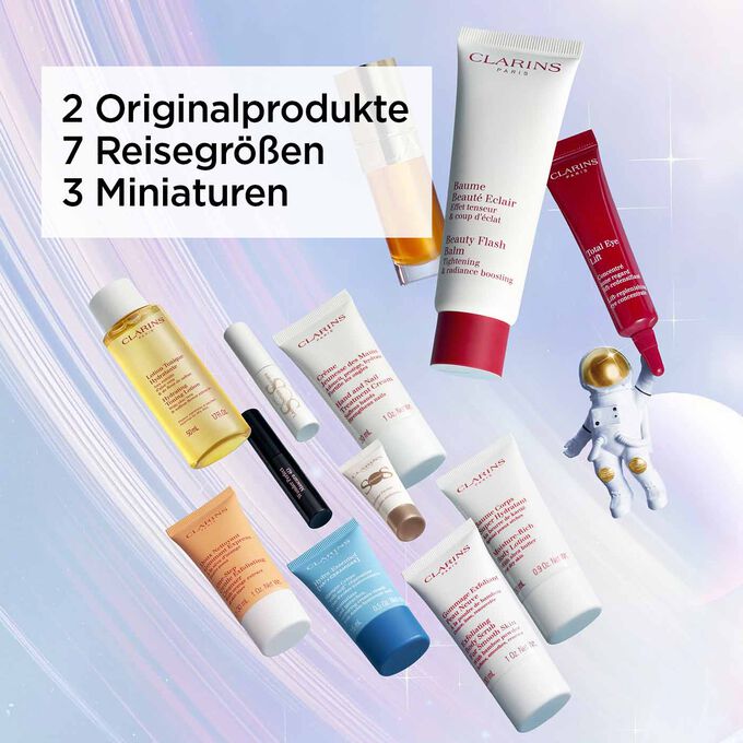 12 Geschenke des Clarins Adventskalenders: 2 Verkaufsgrößen, 7 Reisegrößen und 3 Miniaturen.