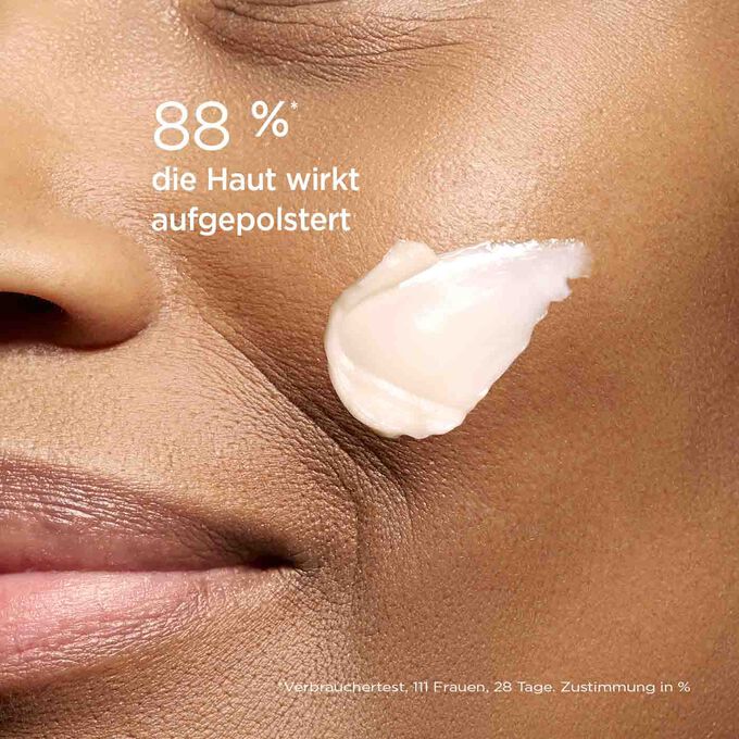Wange einer Frau mit Texturklecks und Textinfo, dass 88% der Testerinnen sagen, ihre Haut wirkt wie aufgepolstert.