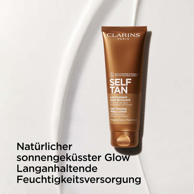 Packshot von Clarins Self Tanning Milky Lotion, um seine Wirksamkeit für einen sonnengeküssten Glow und langanhaltende Feuchtigkeitsversorgung zu betonen.