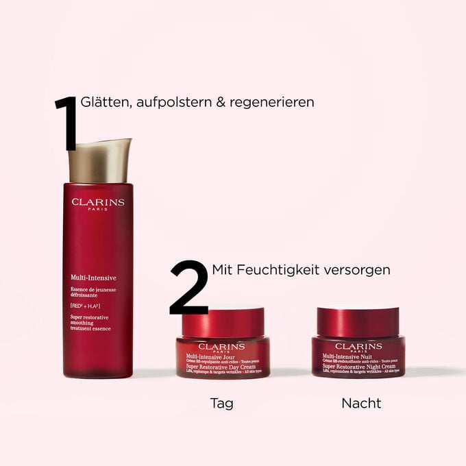 Packshot der Clarins Multi-Intensive Hautpflegelinie, die die perfekte Anti-Age Routine f&uuml;r alle Hauttypen darstellt.