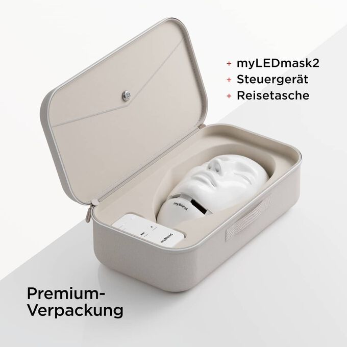 Nahaufnahme der hochwertigen Verpackung der myLEDmask2 mit Reisetasche und Steuerger&auml;t