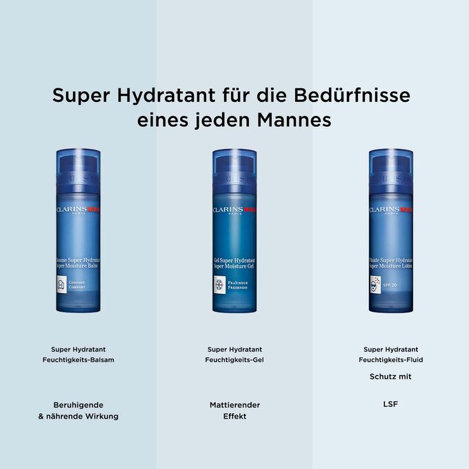 Das Männer-Gesichtspflegesortiment von Clarins, entwickelt, um den Bedürfnissen aller Männer zu entsprechen, ob zur Feuchtigkeitsversorgung oder zum Schutz der Haut.
