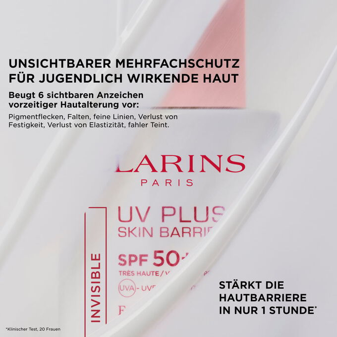 Halb verdeckt abgebildetes Clarins UV Plus Fluid, Hervorhebung des unsichtbaren Schutzes der jugendlichen Ausstrahlung und der St&auml;rkung der Hautbarriere in nur 1 Stunde.