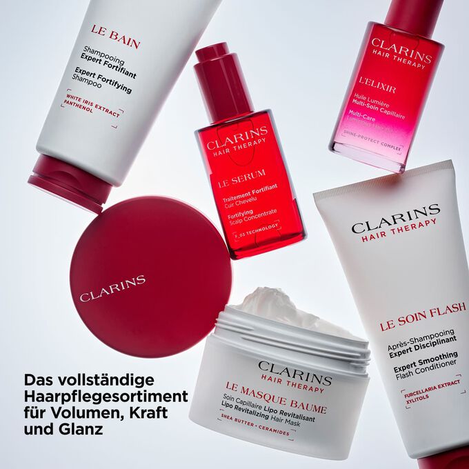 Das vollst&auml;ndige Clarins Hair Therapy Sortiment: f&uuml;nf Pflegeprodukte f&uuml;r Kopfhaut und Haar, die f&uuml;r mehr Volumen, Kraft und Glanz sorgen.