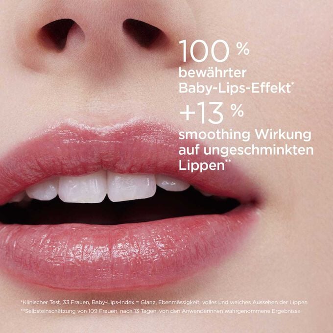 Bew&auml;hrte  &bdquo;Baby Lips"-&Ouml;lbalsam-Formel + 13 % garantierte Gl&auml;ttungswirkung auf ungeschminkten Lippen, klinisch getestet