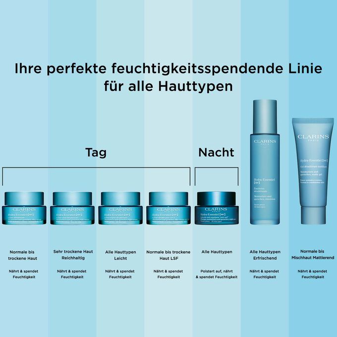Packshot der Clarins Hydra-Essentiel Linie, eine feuchtigkeitsspendende und n&auml;hrende Kollektion f&uuml;r alle Hauttypen und spezielle Bed&uuml;rfnisse.