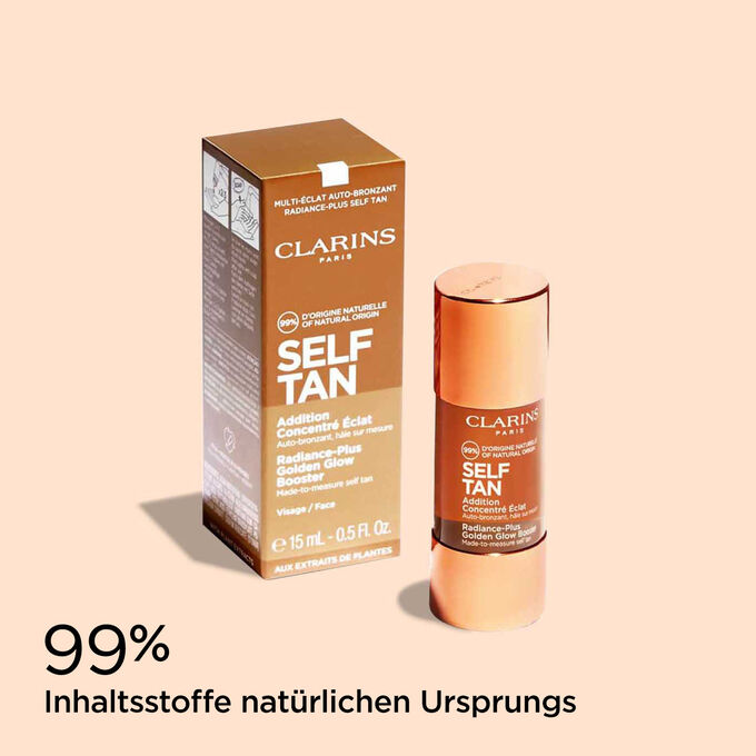 Foto des Selbstbräuner-Konzentrats von Clarins und seiner Verpackung, um den natürlichen Ursprung der Inhaltsstoffe zu veranschaulichen.