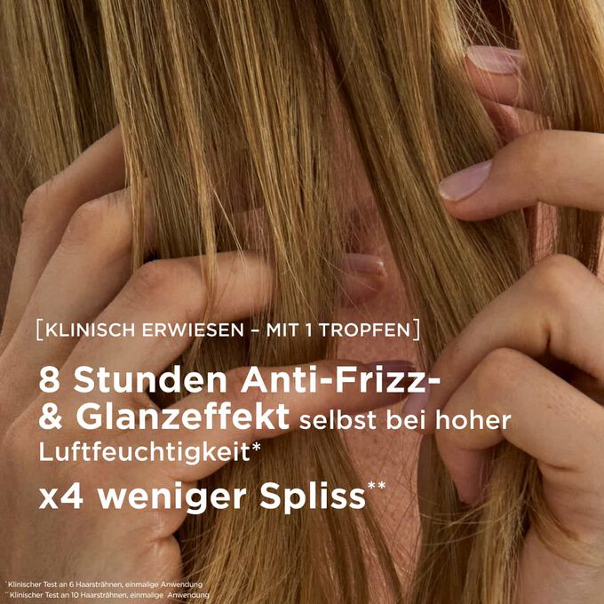 Eine Anti-Frizz-Haar&ouml;lpflege f&uuml;r achtst&uuml;ndigen Glanz und viermal weniger Spliss selbst bei hoher Luftfeuchtigkeit.
