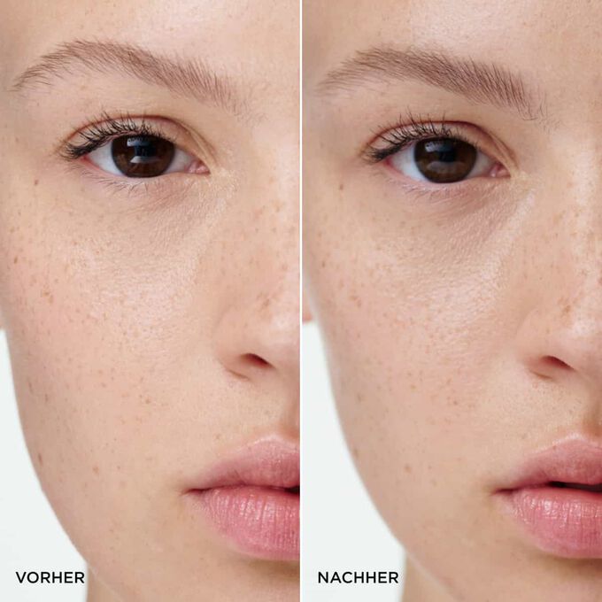 Vorher-Nachher-Vergleich der Augenbrauen einer Frau nach Anwendung des  Clarins Light Brown Tinted Brow Gel, mit volleren, klarer definierten und nat&uuml;rlich aussehenden Augenbrauen.