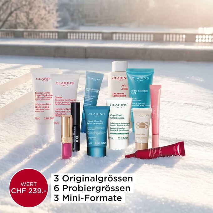 Clarins 12-Tage-Beauty-Adventskalender, gef&uuml;llt mit Haut- und K&ouml;rperpflege- sowie Makeup-Produkten in Originalgr&ouml;sse und Reisegr&ouml;ssen in einer roten Box.