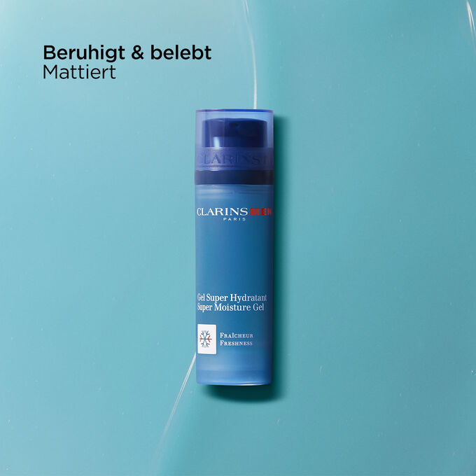 Packshot von ClarinsMen Gel Super Hydratant mit Text, der die nährende, belebende und mattierende Wirkung betont.