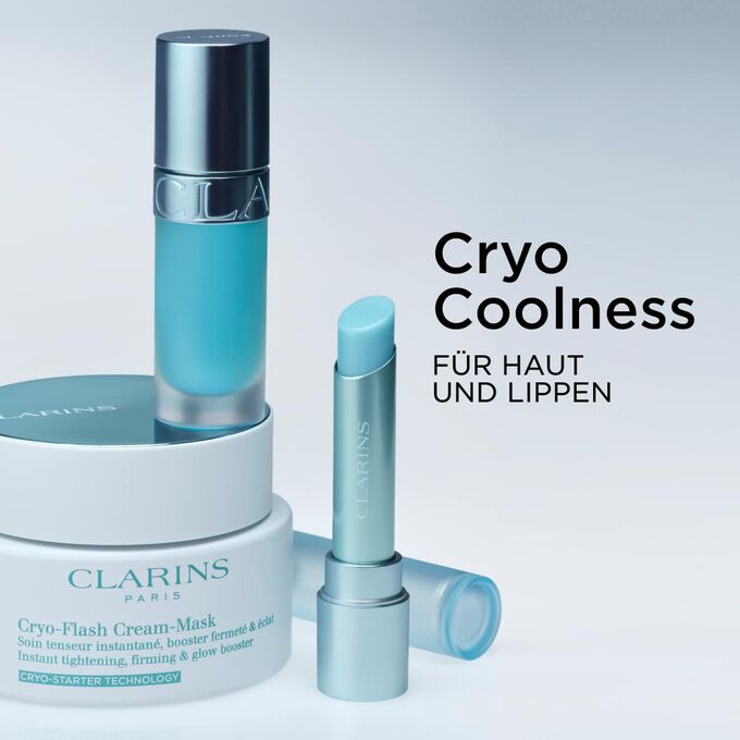 Produktfoto der Clarins Cryo Coolness-Serie f&uuml;r Haut und Lippen, das cooling und pflegende Produkte mit Volumen-Effekt pr&auml;sentiert.