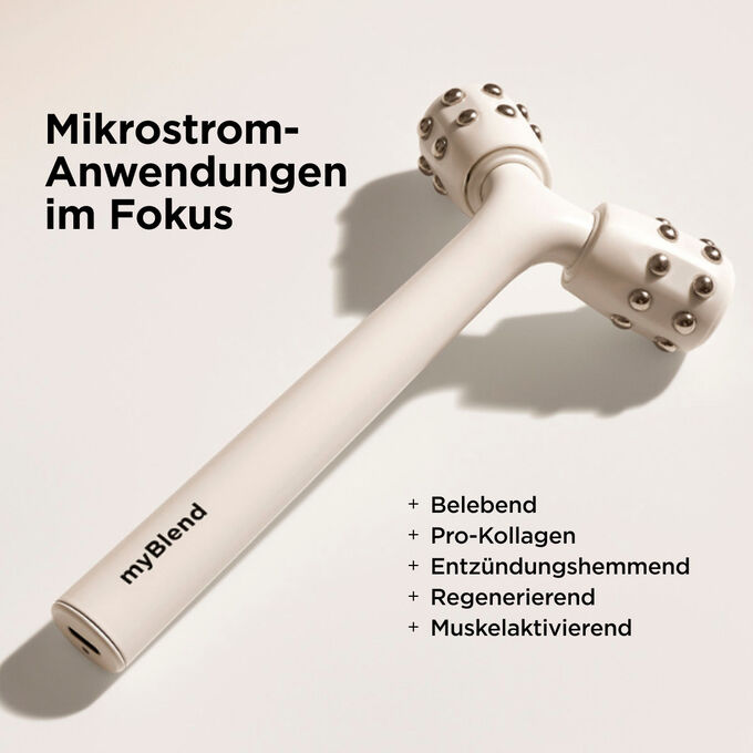 Weisses myLIFTINGroller Gesichtslifting-Massageger&auml;t mit einer Liste der Vorteile, die die Anti-Aging-Wirkung durch Mikrostrom hervorhebt.