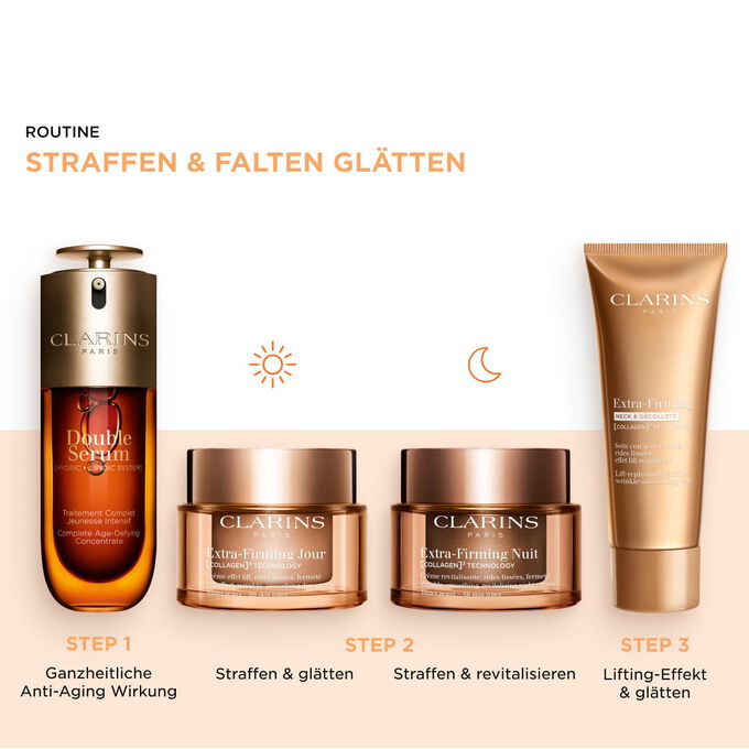 Anti-Aging-Pflege f&uuml;r Gesicht, Hals und Dekollet&eacute; &ndash; f&uuml;r Tag und Nacht: Serum und Anti-Falten-Creme f&uuml;r sichtbare Straffheit.