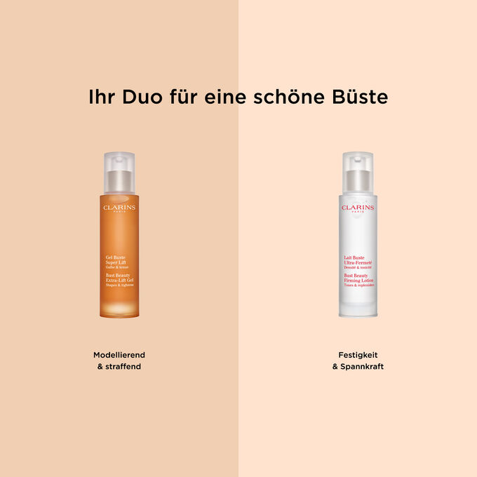 Packshot des Clarins Duos für eine schöne Büste: Gel Buste Super Lift und Lait Buste Ultra-Fermeté, das perfekte Paar, um zu modellieren und zu straffen und für Festigkeit und Spannkraft zu sorgen.