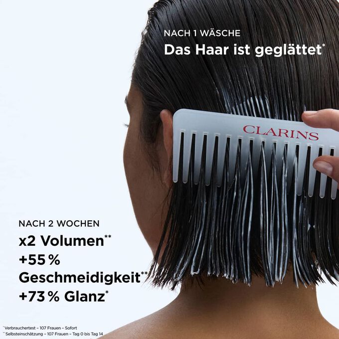 Wirkung des gl&auml;ttenden Conditioners auf das Haar: doppelt so viel Volumen und 73 Prozent mehr Glanz f&uuml;r leicht frisierbares Haar.