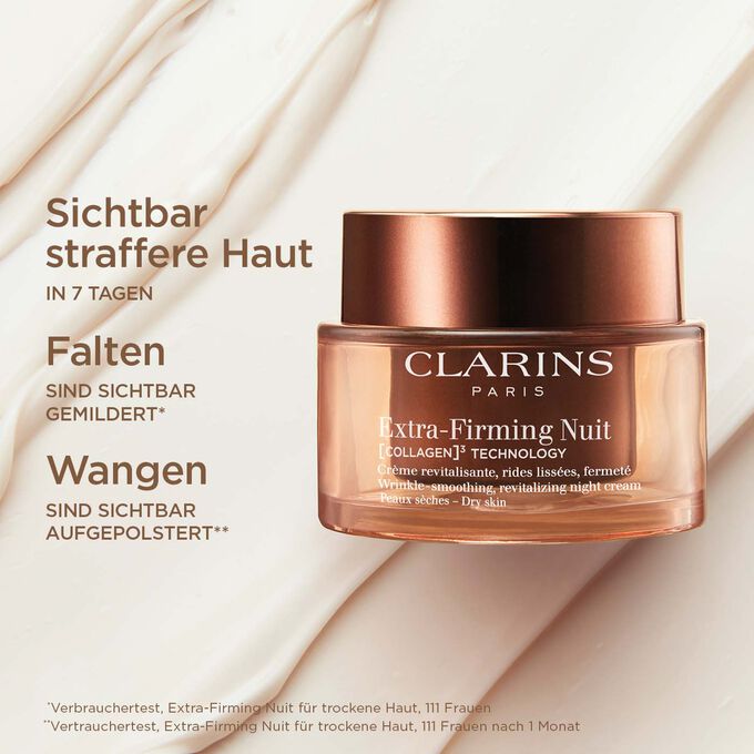 Tiegel Extra-Firming Nuit Creme für trockene Haut mit Textinfo über sichtbare Wangenaufpolsterung und Hautstraffung