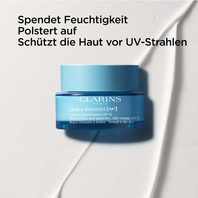 Packshot von Clarins Hydra-Essentiel LSF 15 mit Text, der den UV-Schutz  und die aufpolsternde Wirkung betont.