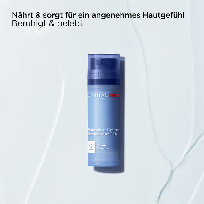 Packshot von ClarinsMen Baume Super Hydratant mit Text, der die beruhigende und belebende Wirkung des Produkts betont.