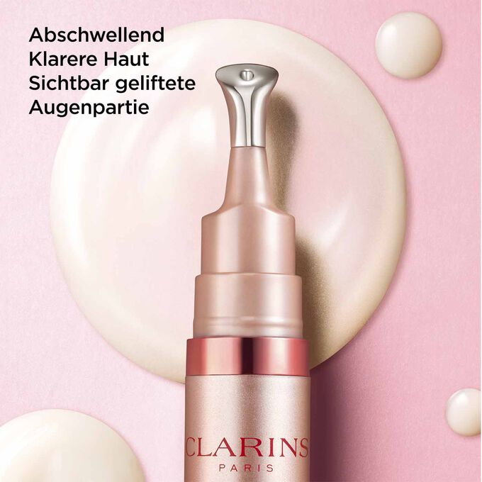 Clarins V Shaping Facial Lift Augencreme mit Text, der die abschwellende, aufhellende und liftende Wirkung auf die Augenpartie betont.