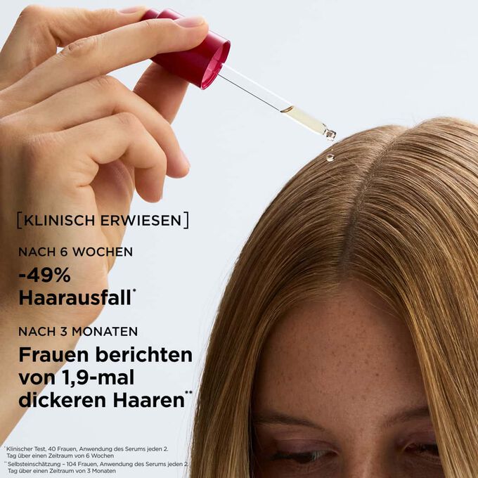 Das Serum gegen Haarausfall wird direkt auf die Kopfhaut aufgetragen, um die Lebensdauer der Haare zu verl&auml;ngern und die Haardichte zu f&ouml;rdern, wodurch das Haar voller wirkt