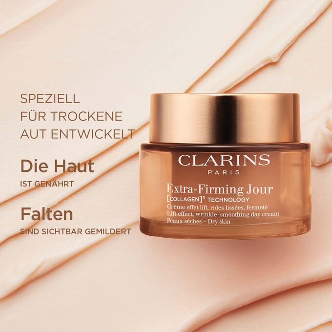 Tiegel Extra Firming Tagescreme für trockene Haut mit Textinfo zur sichtbaren faltenreduzierenden und stark nährenden Wirkung