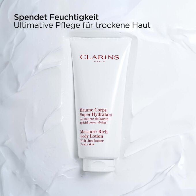 Clarins Baume Corps Super Hydratant Packshot, der seine feuchtigkeitsspendenden Eigenschaften für ultimatives Wohlgefühl bei trockener Haut betont.