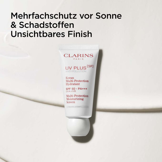 Packshot von Clarins UV Plus Anti-Pollution Translucent, das ein unsichtbares Finish mit Sonnen- und Schadstoffschutz bietet.