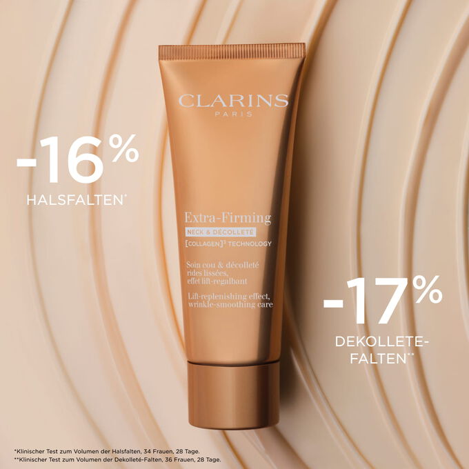 Tube Firming Neck & D&eacute;collet&eacute; Pflege auf texturiertem Hintergrund und Info &uuml;ber faltenmindernde Wirkung im Halsbereich.