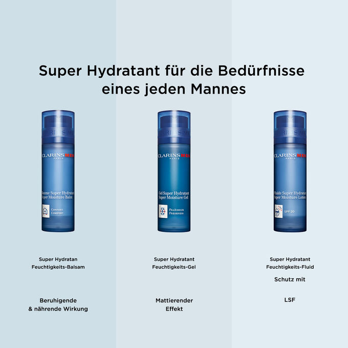 Das Männer-Gesichtspflegesortiment von Clarins, entwickelt, um den Bedürfnissen aller Männer zu entsprechen, ob zur Feuchtigkeitsversorgung oder zum Schutz der Haut.