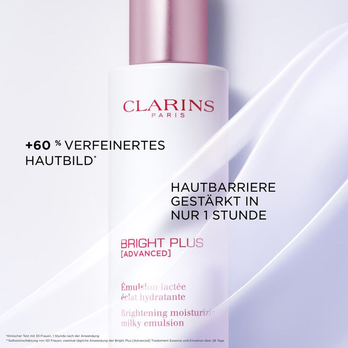 Fokus auf die Clarins Bright Plus Emulsion, die sich positiv auf das Hautbild auswirkt und die Hautbarriere st&auml;rkt.