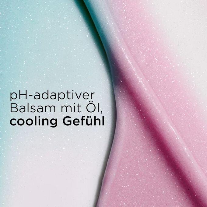 Strukturierter Hintergrund mit rosa und blauen Lippenbalsamen, der den pH-adaptiven Balsam mit &Ouml;l mit k&uuml;hlender Wirkung veranschaulicht