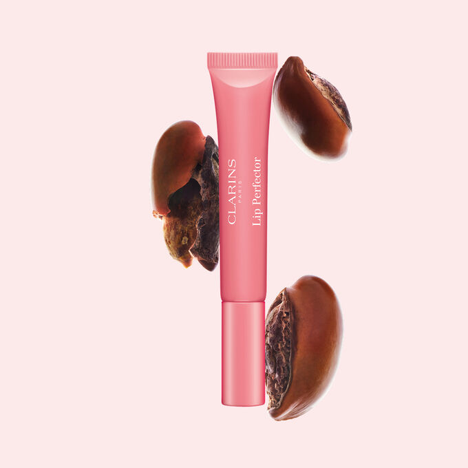 L'embellisseur l&egrave;vres Lip Perfector est pr&eacute;sent&eacute; &agrave; c&ocirc;t&eacute; d'une graine de karit&eacute;, soulignant le karit&eacute; comme ingr&eacute;dient cl&eacute; pour des l&egrave;vres nourries et brillantes.